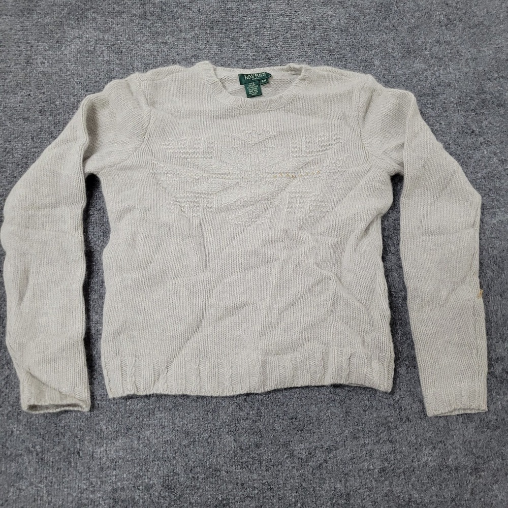 Lauren Ralph Lauren Sweater Womens Size PM Beige Wool Angora Beaded Eagle Knit